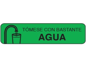 Green 3/8" x 1-1/2" Pharmacy Auxiliary Labels for Prescription Containers - Spanish Version  - With Imprint: (Spanish) Medication should be taken with plenty of water