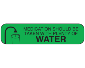 Green 3/8" x 1-1/2" Pharmacy Auxiliary Labels for Prescription Containers - English Version  - With Imprint: Medication should be taken with plenty of water
