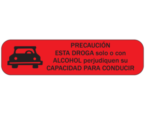 Red 3/8" x 1-1/2" Pharmacy Auxiliary Labels for Prescription Containers - Spanish Version  - With Imprint: (Spanish) CAUTION / THIS DRUG ALONE OR WITH / ALCOHOL MAY IMPAIR YOUR / ABILITY TO DRIVE