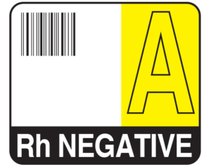 White 1-1/2" x 1-3/4" Bar Coded Group Type Blood Identification Labels - Codabar  - With Imprint: A / Rh NEGATIVE