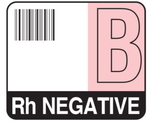 White 1-1/2" x 1-3/4" Bar Coded Group Type Blood Identification Labels - Codabar  - With Imprint: B / Rh NEGATIVE