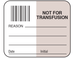 White 1-1/2" x 1-3/4" Bar Coded Information Labels for Blood Testing - Codabar  - With Imprint: NOT FOR / TRANSFUSION / REASON _____ / _____ / _____ / Date _____ Initial _____