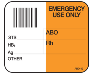 White 1-1/2" x 1-3/4" Bar Coded Information Labels for Blood Testing - Codabar  - With Imprint: EMERGENCY / USE ONLY / _____ / ABO / STS _____ / HBs / Ag _____ / OTHER
