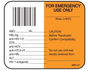 White 1-1/2" x 1-3/4" Bar Coded Information Labels for Blood Testing - Codabar  - With Imprint: FOR EMERGENCY / USE ONLY / _____ / ( Hosp. Or M.D. ) / ABO___ Rh ___ / HBsAg _____ / anti-HIV-1/2 _____ / STS _____ / anti-HCV _____ / anti-HTLV-l/ll _____ / anti-HBc _____ / ALT _____ / HIV-1 antig