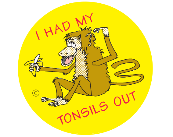 AWARD-19 White 1-3/4" DIAMETER Pediatric Award Stickers - With Imprint: I HAD MY / TONSILS OUT / MONKEY PICTURED