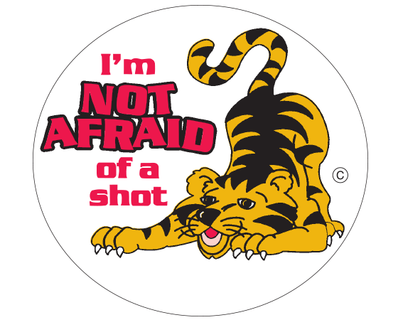 AWARD-25 White 1-3/4" DIAMETER Pediatric Award Stickers - With Imprint: I'm / NOT / AFRAID / of a / shot / TIGER PICTURED