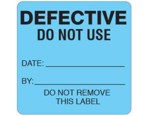Blue 2-1/2 " x 2-1/2" Biomedical Engineering Equipment Labels  - With Imprint: DEFECTIVE / DO NOT USE / DATE: _____ / BY: _____ / DO NOT REMOVE / THIS LABEL