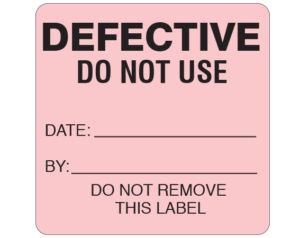 Pink 2-1/2 " x 2-1/2" Biomedical Engineering Equipment Labels  - With Imprint: DEFECTIVE / DO NOT USE / DATE: _____ / BY: _____ / DO NOT REMOVE / THIS LABEL