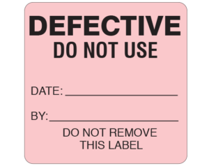 Pink 2-1/2 " x 2-1/2" Biomedical Engineering Equipment Labels  - With Imprint: DEFECTIVE / DO NOT USE / DATE: _____ / BY: _____ / DO NOT REMOVE / THIS LABEL