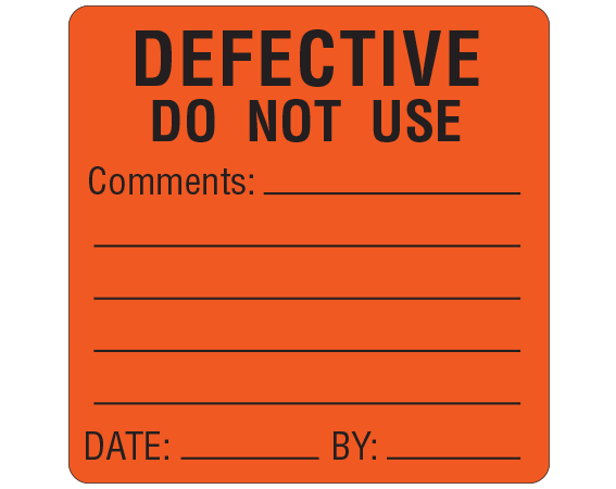 ME-17 Fluorescent Red 2-1/2 " x 2-1/2" Biomedical Engineering Equipment Labels - With Imprint: DEFECTIVE / DO NOT USE / Comments: _____ / _____ / ______ / _____ / _____ / DATE: _____ BY: _____