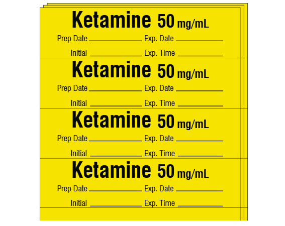 SA-2008-EXP-PK Yellow 1/2" x 2" Anesthesia Drug Labels for Syringe Identification - Pack Form - With Imprint: Ketamine 50 mg/mL / Prep Date _____ Exp. Date _____ / Initial _____ Exp. Time _____
