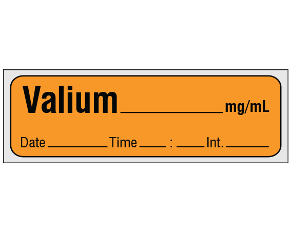 SA-214-DTI-PRE Orange 1/2" x 500" Anesthesia Drug Labels for Syringe Identification - Precut Form - With Imprint: VALIUM _____ mg / mL / Date _____ Time _____ Int. _____
