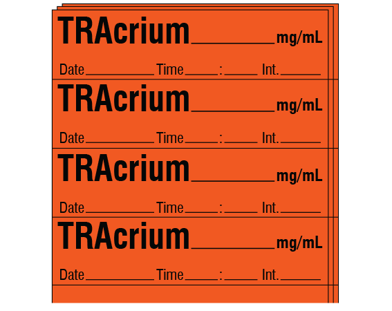 SA-2221-DTI-PK Fluorescent Red 1/2" x 2" Anesthesia Drug Labels for Syringe Identification - Pack Form - With Imprint: TRAcrium _____ mg /mL / Date _____ Time _____ Int. _____