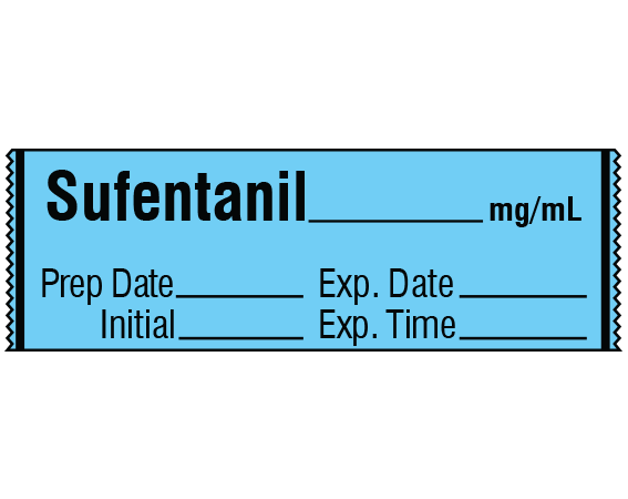 SA-245-EXP Blue 1/2" x 500" Anesthesia Drug Labels for Syringe Identification - Tape Form - With Imprint: SUFENTANIL _____ mg / mL / Prep Date _____ Exp. Date _____ / Initial _____ Exp. Time _____