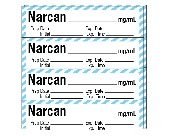 SA-252-EXP-PK White W/ Blue Stripe Border 1/2" x 2" Anesthesia Drug Labels for Syringe Identification - Pack Form - With Imprint: NARCAN _____ mg / mL / Prep Date _____ Exp. Date _____ / Initial _____ Exp. Time _____
