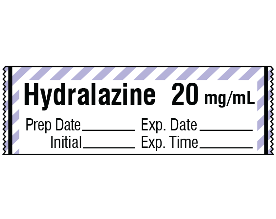 SA-2913-EXP White W/ Violet Stripe Border 1/2" x 500" Anesthesia Drug Labels for Syringe Identification - Tape Form - With Imprint: Hydralazine 20 mg/mL / Prep Date _____ Exp. Date _____ / Initial _____ Exp. Time _____