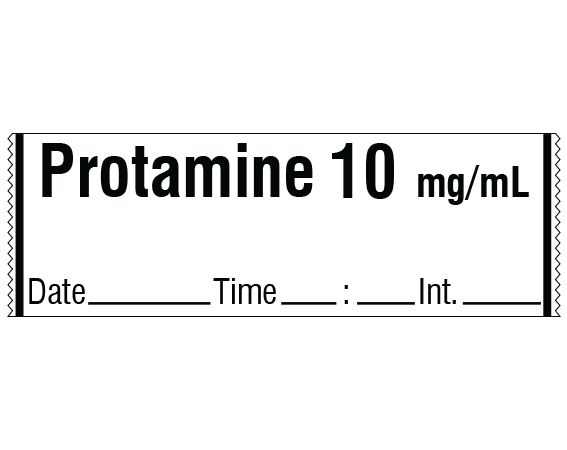SA-3261-DTI White 1/2" x 500" Anesthesia Drug Labels for Syringe Identification - Tape Form - With Imprint: Protamine 10 mg/mL / Date _____ Time _____:_____ Int. ____