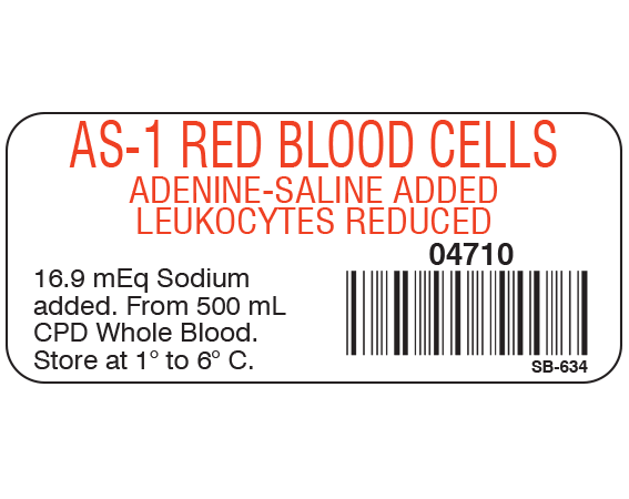 SB-6341 White 1" x 2-1/4" Blood Product Labels with Codabar Symbology - With Imprint: AS-1 RED BLOOD CELLS / ADENINE-SALINE ADDED / LEUKOCYTES REDUCED / 04710 / 16.9 mEq Sodium / added. From 500 mL / CPD Whole Blood. / Store at 1 to 6 C.