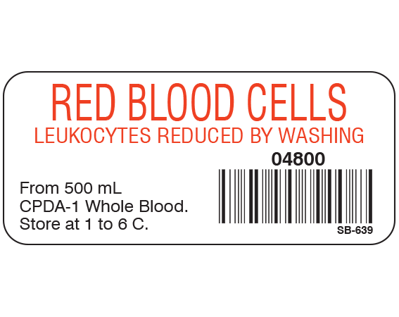 White 1" x 2-1/4" Blood Product Labels with Codabar Symbology  - With Imprint: RED BLOOD CELLS / LEUKOCYTES REDUCED BY WASHING / 04800 / From 500 mL / CPDA-1 Whole Blood. / Store at 1 to 6 C.
