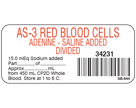 SB-6441 White 1" x 2-1/4" Blood Product Labels with Codabar Symbology - With Imprint: AS-3 RED BLOOD CELLS / ADENINE-SALINE ADDED / DIVIDED / 34231 / 15.0 mEq Sodium added / Part _____ of _____ / Approx _____ mL / from 450 mL CP2D Whole / Blood. Store at 1 to 6 C.