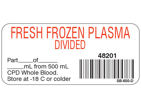 SB-650-D White 1" x 2-1/4" Blood Product Labels with Codabar Symbology - With Imprint: FRESH FROZEN PLASMA / DIVIDED / 48201 / Part _____ of _____ / _____ mL from 500 mL / CPD Whole Blood. / Store at -18 C or colder.
