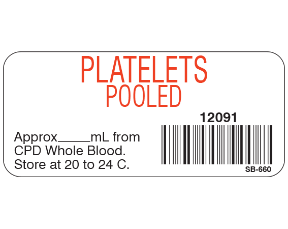 White 1" x 2-1/4" Blood Product Labels with Codabar Symbology  - With Imprint: PLATELETS / POOLED / 12091 / Approx _____ mL from / CPD Whole Blood. / Store at 20 to 24 C.