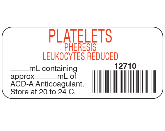SB-6641 White 1" x 2-1/4" Blood Product Labels with Codabar Symbology - With Imprint: PLATELETS / PHERESIS / LEUKOCYTES REDUCED / 12710 / _____ mL containing / approx _____ mL of / ACD-A Anticoagulant. / Store at 20 to 24 C.