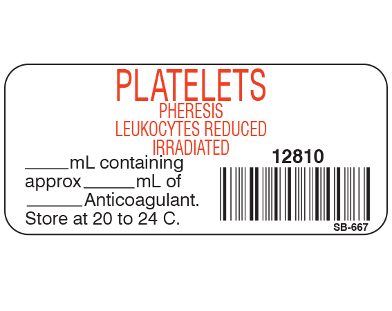 SB-6671 White 1" x 2-1/4" Blood Product Labels with Codabar Symbology - With Imprint: PLATELETS / PHERESIS / LEUKOCYTES REDUCED / IRRADIATED / 12810 / _____ mL containing / approx _____ mL of / _____ Anticoagulant. / Store at 20 to 24 C.