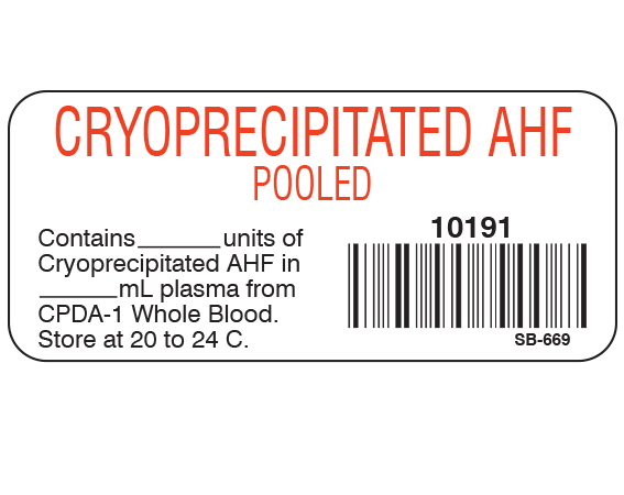 SB-669 White 1" x 2-1/4" Blood Product Labels with Codabar Symbology - With Imprint: CRYOPRECIPITATED AHF / POOLED / 10191 / Contains _____ units of / Cryoprecipitated AHF in / _____ mL plasma from / CPDA-1 Whole Blood. / Store at 20 to 24 C.