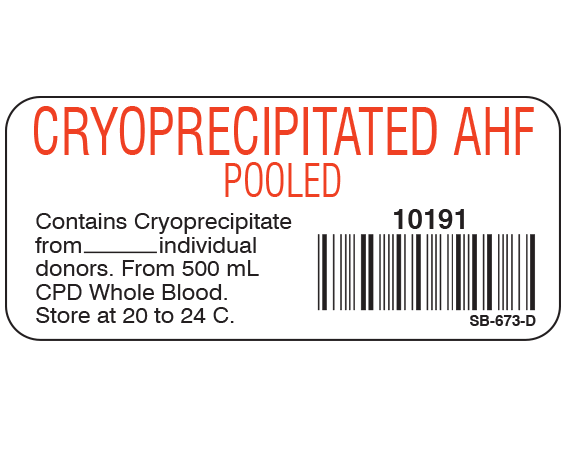 SB-673-D White 1" x 2-1/4" Blood Product Labels with Codabar Symbology - With Imprint: CRYOPRECIPITATED AHF / POOLED / 10191 / Contains Cryoprecipitate / from _____ individual / donors. From 500 mL / CPD Whole Blood. / Store at 20 to 24 C.