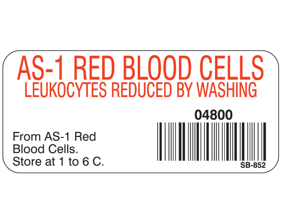 White 1" x 2-1/4" Blood Product Labels with Codabar Symbology  - With Imprint: AS-1 RED BLOOD CELLS / LEUKOCYTES REDUCED BY WASHING / 04800 / From AS-1 Red / Blood Cells. / Store at 1 to 6 C.