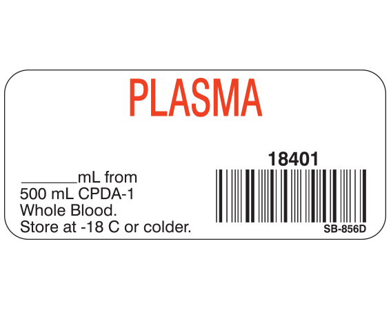 White 1" x 2-1/4" Blood Product Labels with Codabar Symbology  - With Imprint: PLASMA / 18401 / _____ mL from / 500 mL CPDA-1 / Whole Blood. / Store at -18 C or colder.