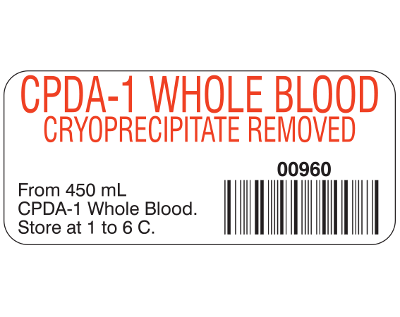 White 1" x 2-1/4" Blood Product Labels with Codabar Symbology  - With Imprint: CPDA-1 WHOLE BLOOD / CRYOPRECIPITATE REMOVED / 00960 / From 450 mL / CPDA-1 Whole Blood. / Store at 1 to 6 C.