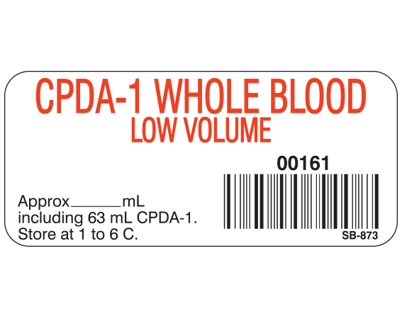 White 1" x 2-1/4" Blood Product Labels with Codabar Symbology  - With Imprint: CPDA-1 WHOLE BLOOD / LOW VOLUME / 00161 / Approx _____ mL / plus 63 mL CPDA-1. / Store at 1 to 6 C.