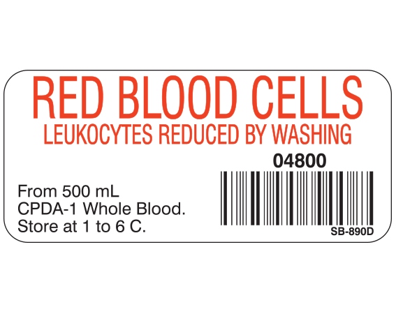 White 1" x 2-1/4" Blood Product Labels with Codabar Symbology  - With Imprint: RED BLOOD CELLS / LEUKOCYTES REDUCED BY WASHING / 04800 / From 500 mL / CPDA-1 Whole Blood. / Store at 1 to 6 C.
