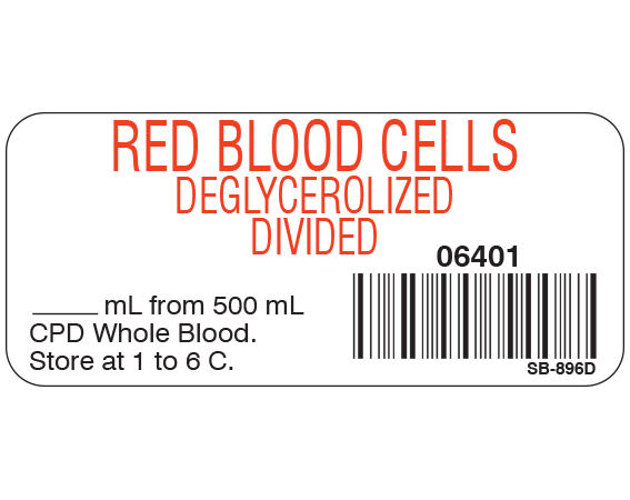 SB-896D White 1" x 2-1/4" Blood Product Labels with Codabar Symbology - With Imprint: RED BLOOD CELLS / DEGLYCEROLIZED / DIVIDED / 36401 / Part _____ of _____ / _____ mL from 500 mL / Whole Blood. / Store at 1 to 6 C.