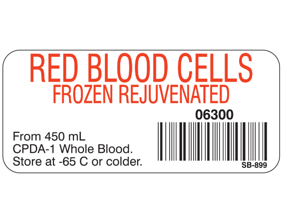 White 1" x 2-1/4" Blood Product Labels with Codabar Symbology  - With Imprint: RED BLOOD CELLS / FROZEN REJUVENATED / 06300 / From 450 mL / CPDA-1 Whole Blood. / Store at -65 C or colder.