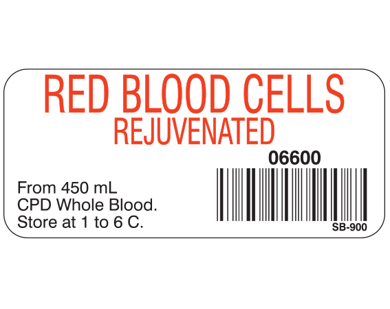 White 1" x 2-1/4" Blood Product Labels with Codabar Symbology  - With Imprint: RED BLOOD CELLS / REJUVENATED / 06600 / From 450 mL / CPD Whole Blood. / Store at 1 to 6 C.