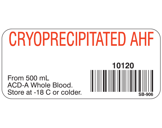 White 1" x 2-1/4" Blood Product Labels with Codabar Symbology  - With Imprint: CRYOPRECIPITATED AHF / 10120 / From 500 mL / ACD-A Whole Blood. / Store at -18 C or colder.