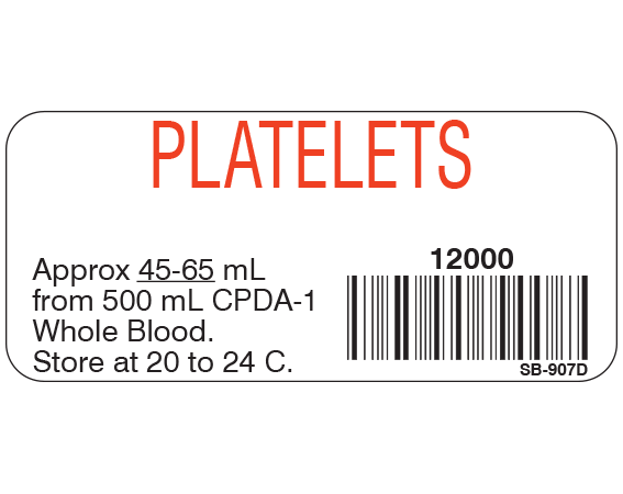 White 1" x 2-1/4" Blood Product Labels with Codabar Symbology  - With Imprint: PLATELETS / 12000 / Approx 45-65 mL / from 500 mL CPDA-1 / Whole Blood. / Store at 20 to 24 C.