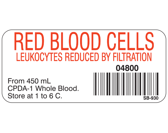 White 1" x 2-1/4" Blood Product Labels with Codabar Symbology  - With Imprint: RED BLOOD CELLS / LEUKOCYTES REDUCED BY FILTRATION / 04800 / From 450 mL / CPDA-1 Whole Blood. / Store at 1 to 6 C.
