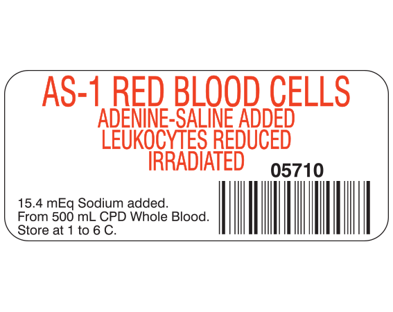 SB-943D White 1" x 2-1/4" Blood Product Labels with Codabar Symbology - With Imprint: AS-1 RED BLOOD CELLS / ADENINE-SALINE ADDED / LEUKOCYTES REDUCED / IRRADIATED / 05710 / 15.4 mEq Sodium added. / From 500 mL CPD Whole Blood. / Store at 1 to 6 C.
