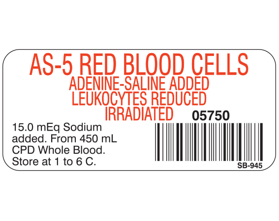 SB-9451 White 1" x 2-1/4" Blood Product Labels with Codabar Symbology - With Imprint: AS-5 RED BLOOD CELLS / ADENINE-SALINE ADDED / LEUKOCYTES REDUCED / IRRADIATED / 05750 / 15.0 mEq Sodium / added. From 450 mL / CPD Whole Blood. / Store at 1 to 6 C.