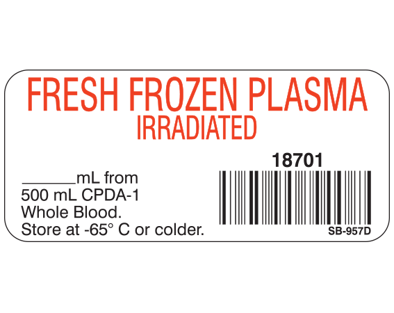 White 1" x 2-1/4" Blood Product Labels with Codabar Symbology  - With Imprint: FRESH FROZEN PLASMA / IRRADIATED / 18701 / _____ mL from / 500 mL CPDA-1 / Whole Blood. / Store at -65 C or colder.