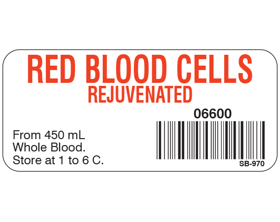 White 1" x 2-1/4" Blood Product Labels with Codabar Symbology  - With Imprint: RED BLOOD CELLS / REJUVENATED / 06600 / From 450 mL / Whole Blood. / Store at 1 to 6 C.