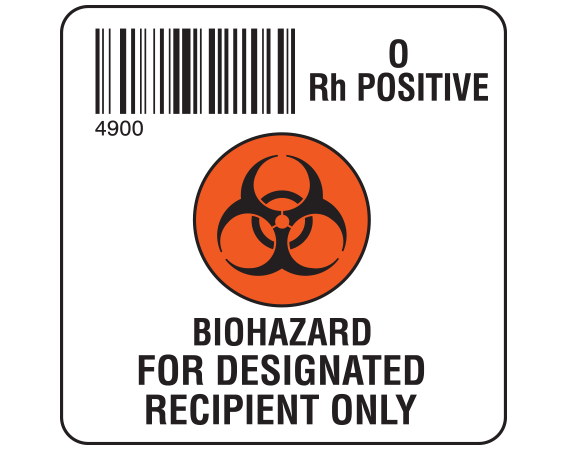 SB128-OP49 Biohazard Designated Recipient Group Type Labels for Compliance with ISBT 128 Standards