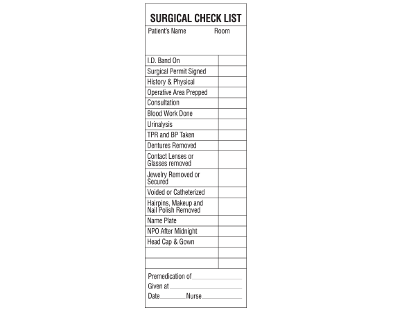 SN-109 White 2" x 500" Nursing Tapes for Instruction and Communication - With Imprint: SURGICAL CHECK LIST