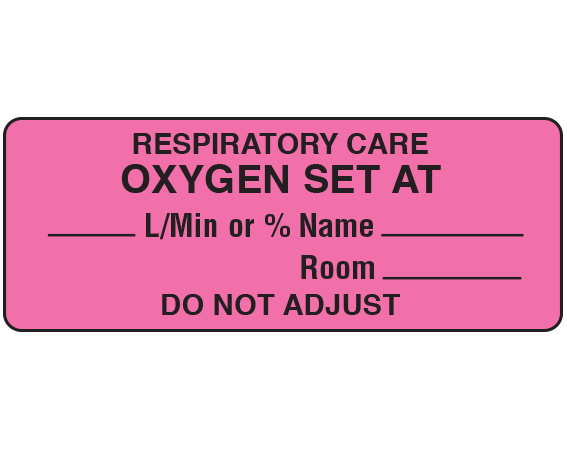 SRT-65 Fluorescent Pink 7/8" x 2-1/4" Respiratory / Oxygen Therapy Labels - With Imprint: RESPIRATORY CARE / OXYGEN SET AT / _____L/Min or % Name _____ / Room _____ / DO NOT ADJUST
