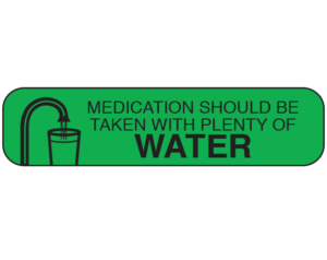 Green 3/8" x 1-1/2" Pharmacy Auxiliary Labels for Prescription Containers - English Version  - With Imprint: Medication should be taken with plenty of water
