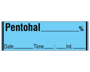 Blue 1/2" x 500" Anesthesia Drug Labels for Syringe Identification - Tape Form  - With Imprint: PENTOTHAL _____ % / Date _____ Time _____ Int. _____